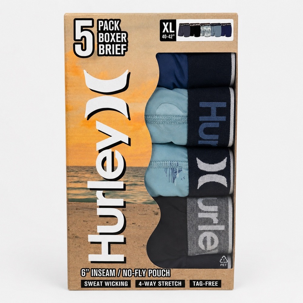 Hurley 5 Pack Boxer Briefs (XL 40-42) No Fly Pouch Sweat Wicking Stretch Tagless